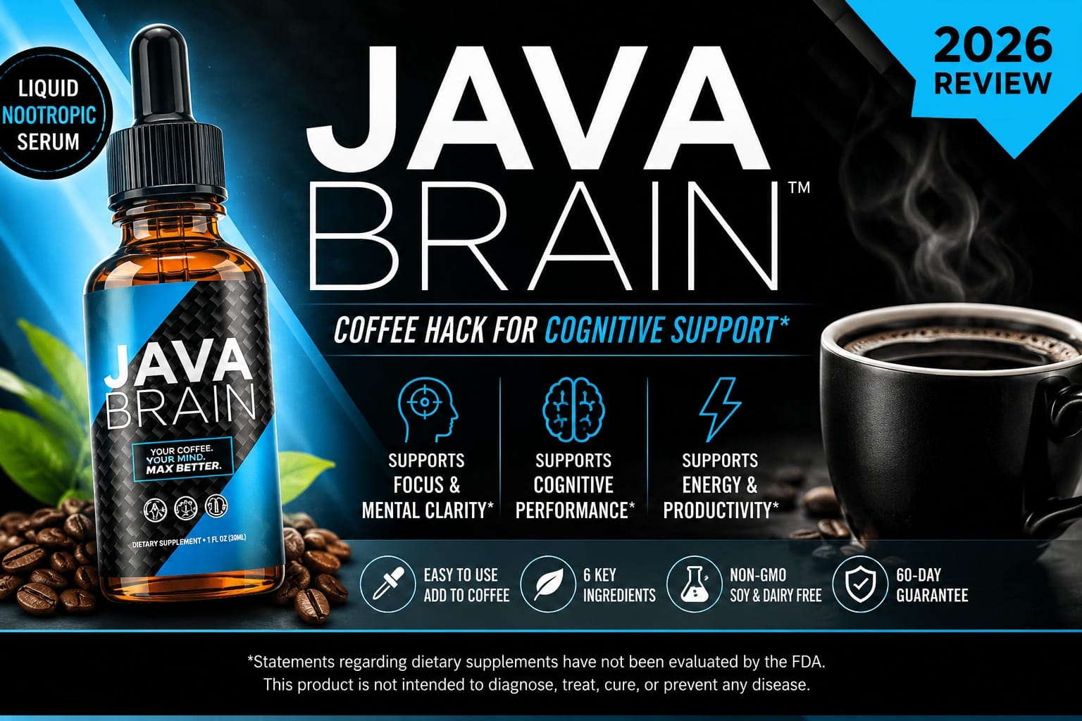 Java Brain liquid nootropic serum bottle beside a cup of coffee